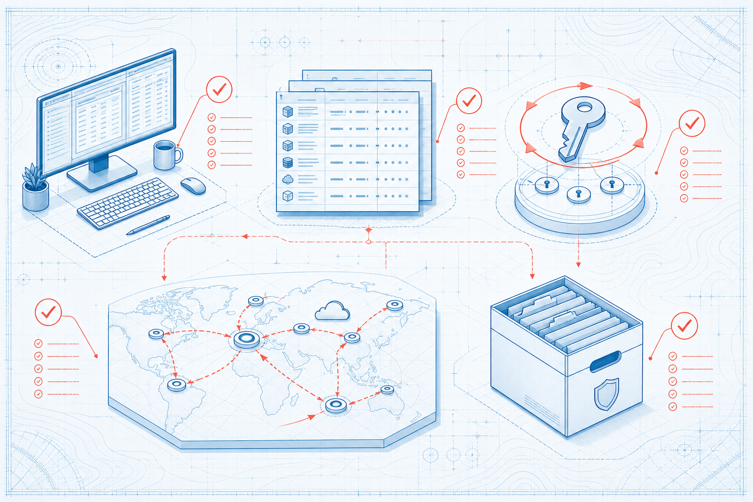 Blueprint of workstation inventory, key review, route map, and archive