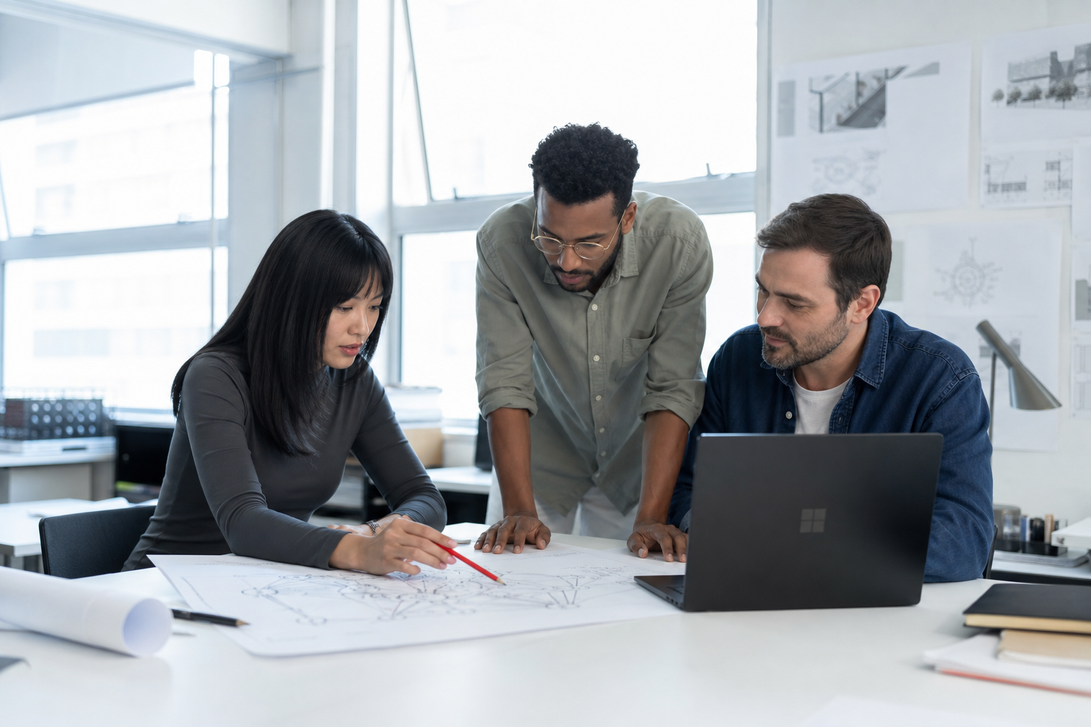 Three consultants reviewing network route drawings in a bright studio