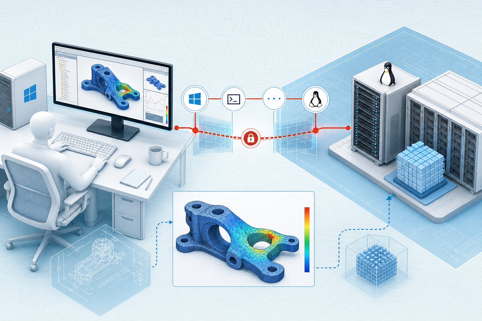 Blueprint of an engineering workstation linked to Linux compute and a technical model