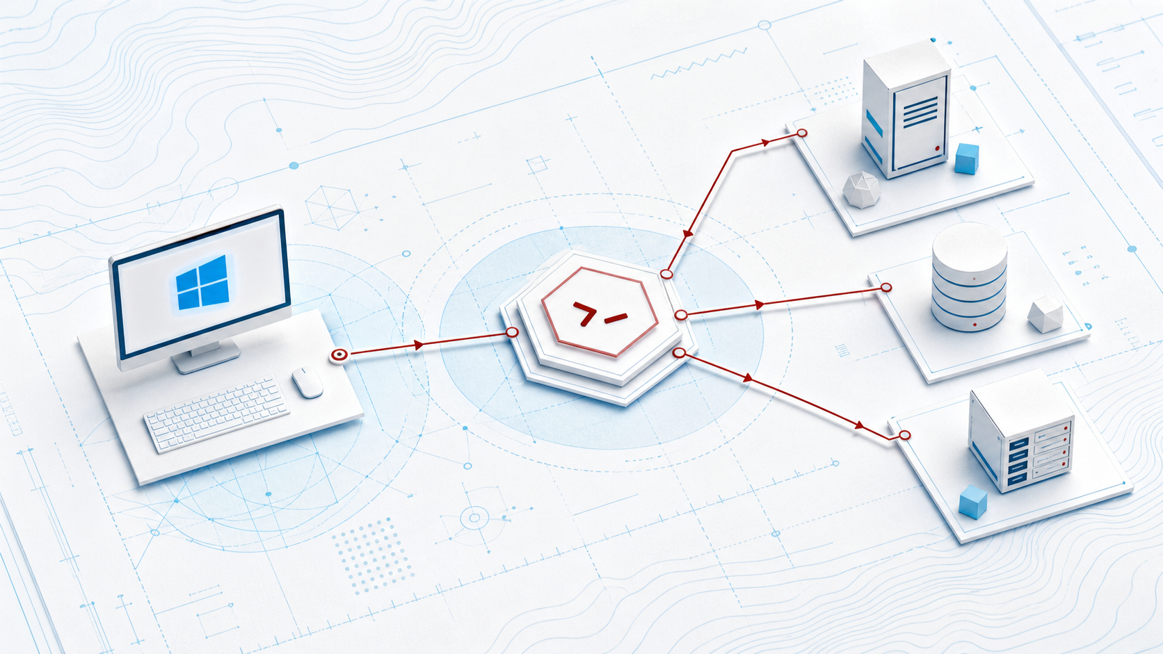 Blueprint-style model of a Windows workstation routing through SSH to remote systems