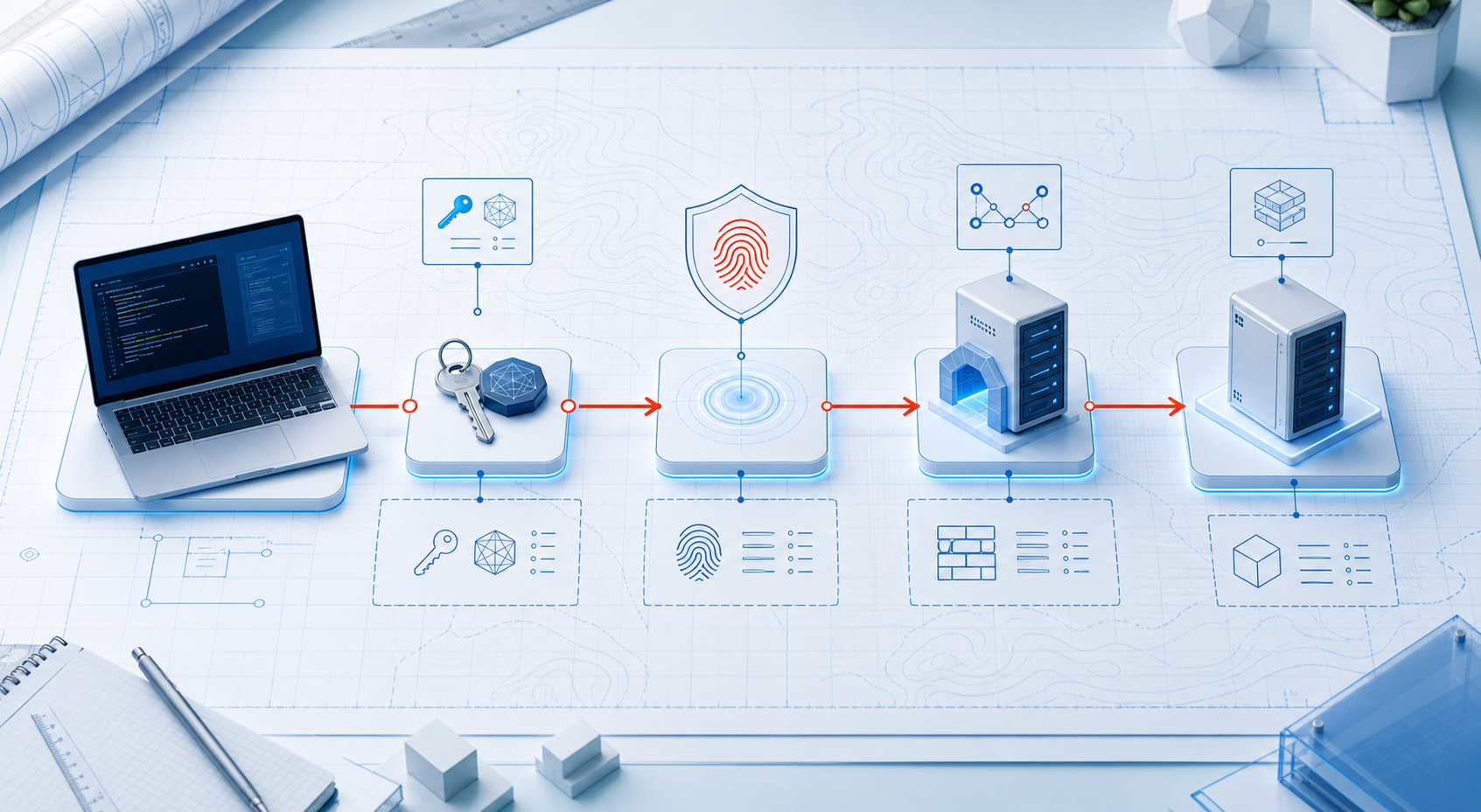 Blueprint model of workstation, identity checkpoint, gateway, and destination