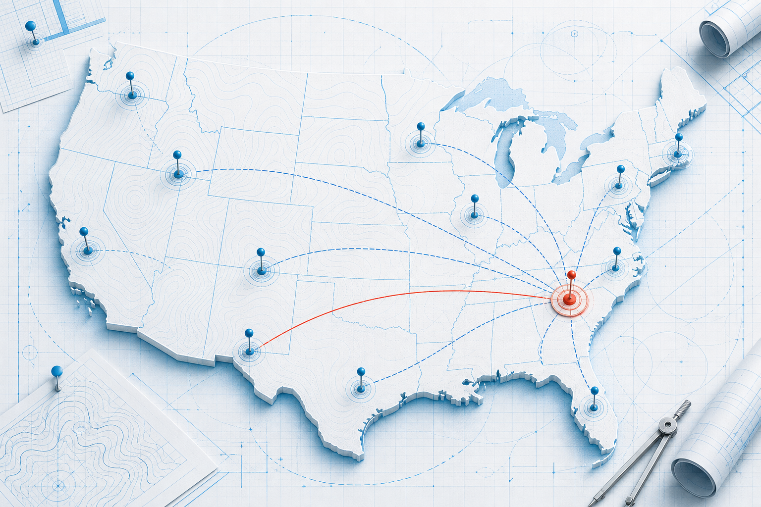 Blueprint map of the United States with routes leading to Raleigh