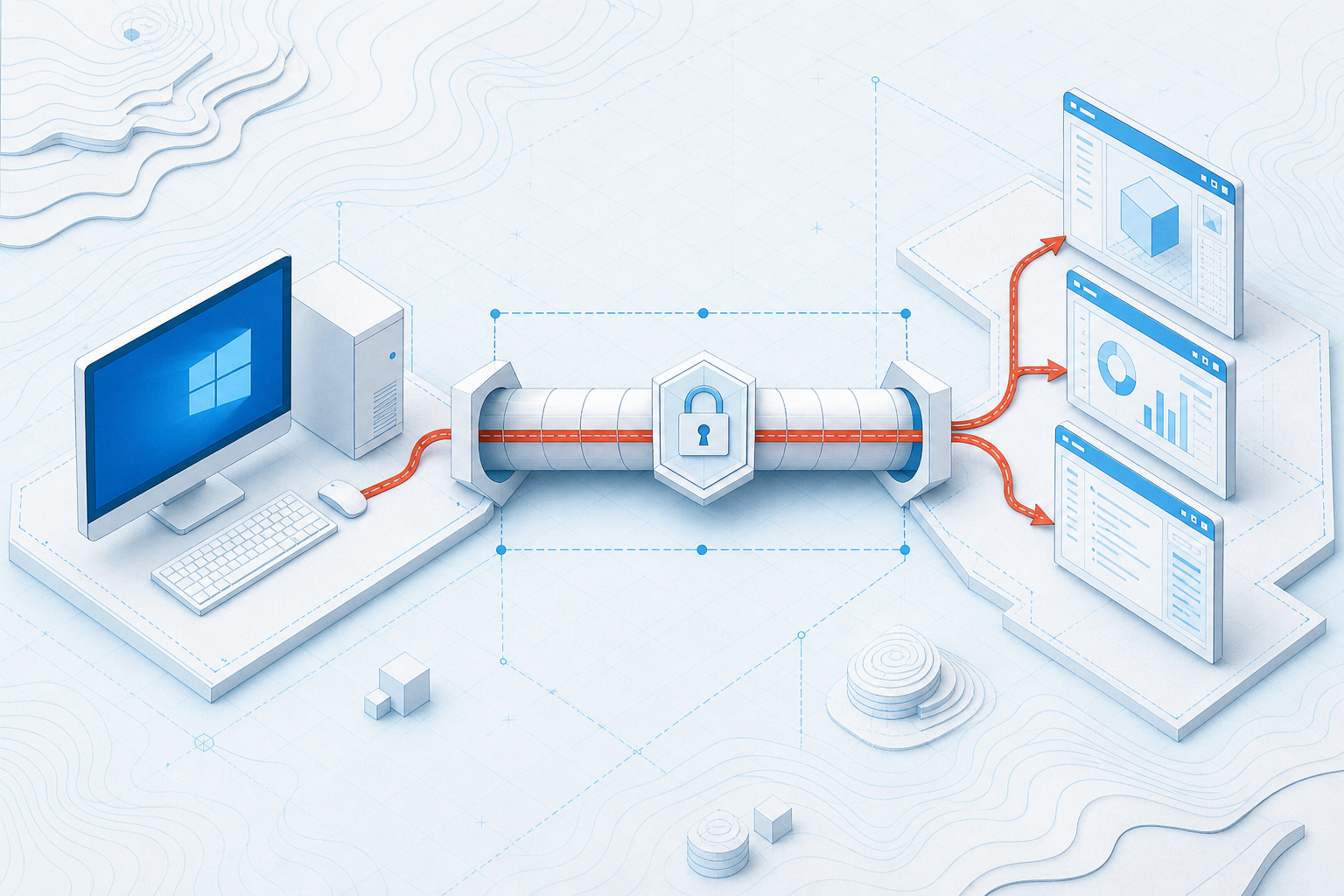 Blueprint showing remote graphical application windows traveling through an SSH tunnel to Windows